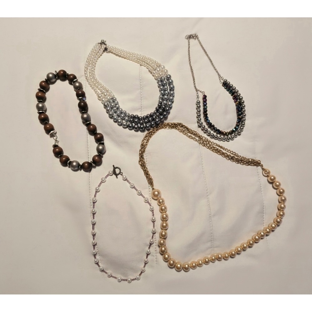 Vintage Style Faux Pearl Wood & Beaded Necklace Lot 5pc Multi Strand Layered